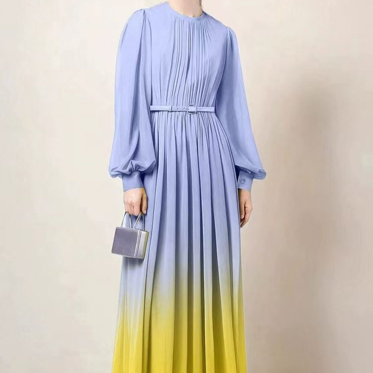Elegant French Style Gradient Color Dress Spring Collection Waist Defining Flattering Fit Flowing Pleats Maxi