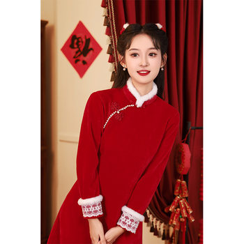 New Chinese-Style Tang Suit Cheongsam 2024 New Winter Red Thickened Chinese-Style Women's New Year Greeting Dress