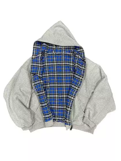 European and American Cross-Border 2025 Autumn and Winter New Amazon Fashion Hooded Zipper Plaid Stitching Reversible Sweatshirt for Men