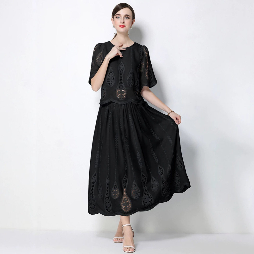 French Inspired Lace Puff Sleeve Top with High Waisted Skirt Set Elegant Slim Fit Chic Style Perfect for Casual or