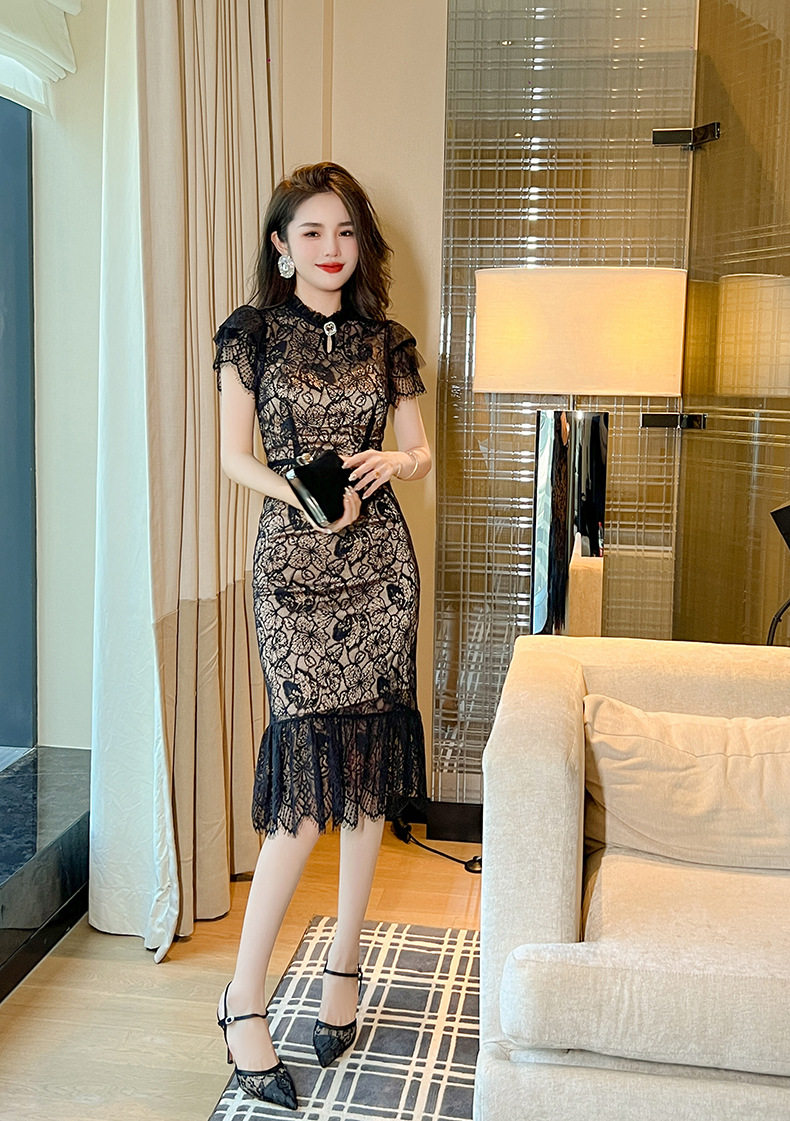 Đầm ôm body nữ ren xuyên thấu kiểu sườn xám Trung Hoa tay ngắn — [Đen Champagne] chi tiết 12