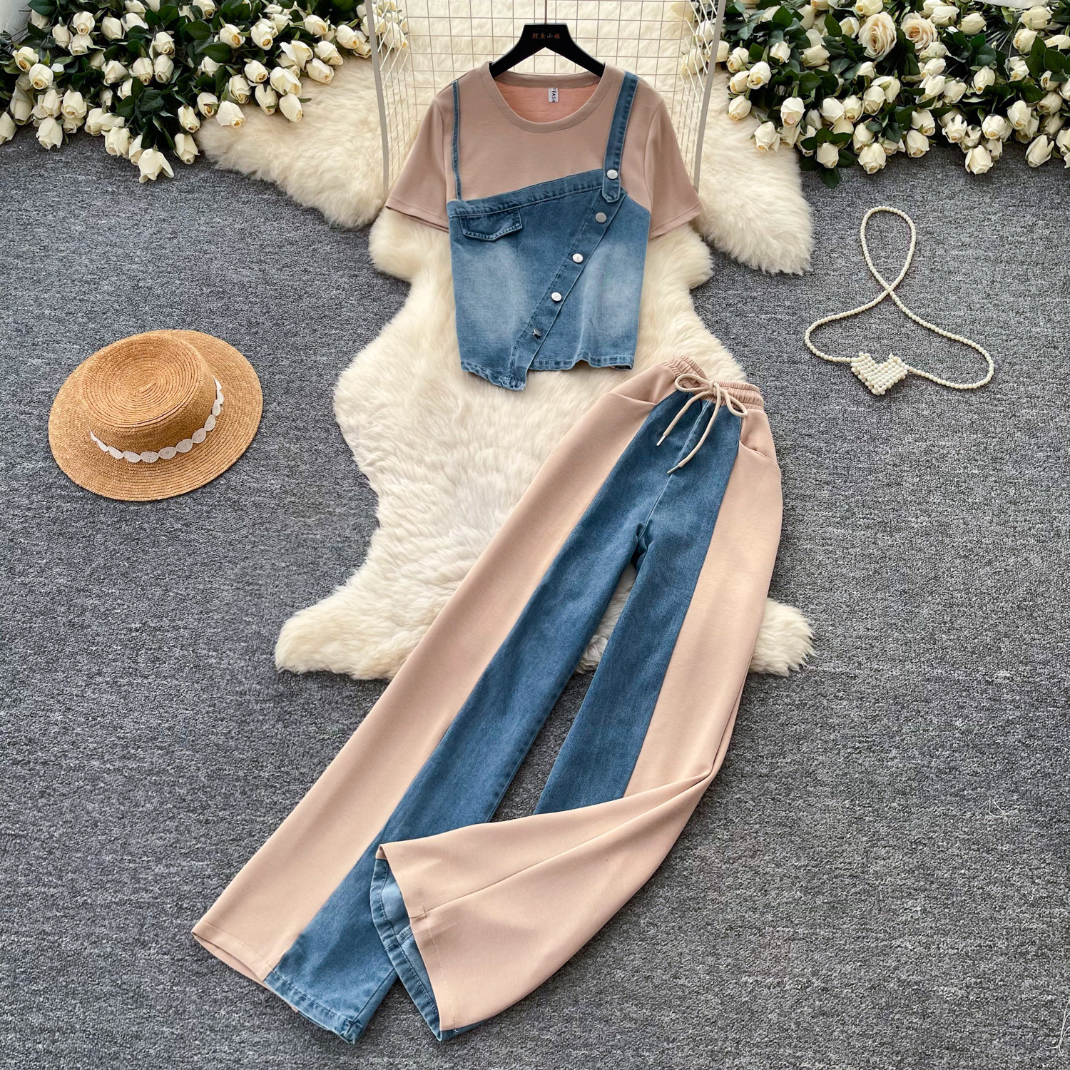 Retro Patchwork Denim Two Piece Set for Women Slim Fit High Waist Casual Style Summer Collection Ready to Ship