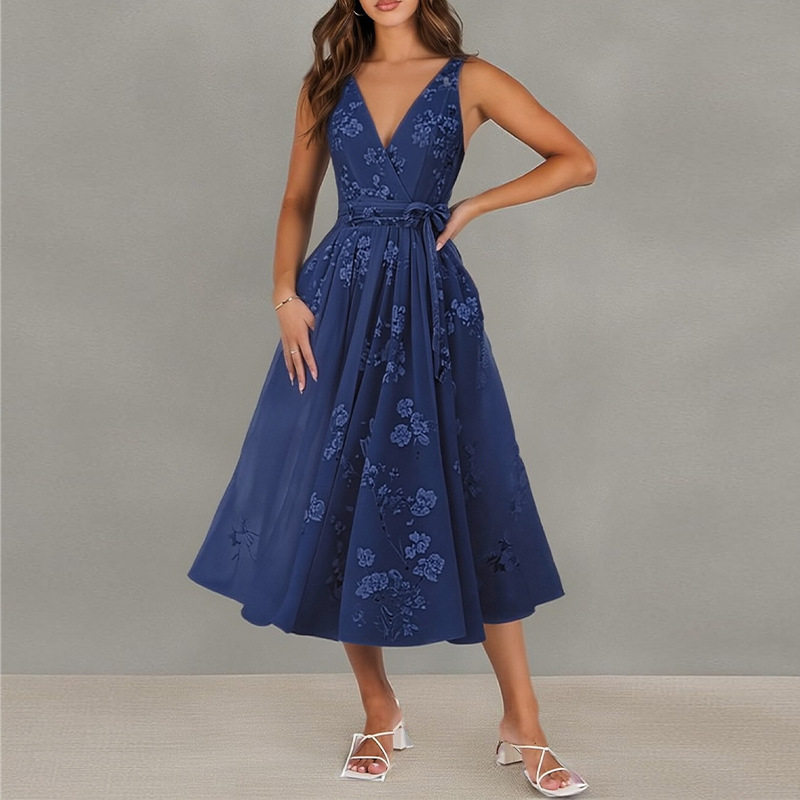Elegant Floral Print Waist Tie Dress Spring Collection Womens Fashion Comfortable Fit Wholesale Available