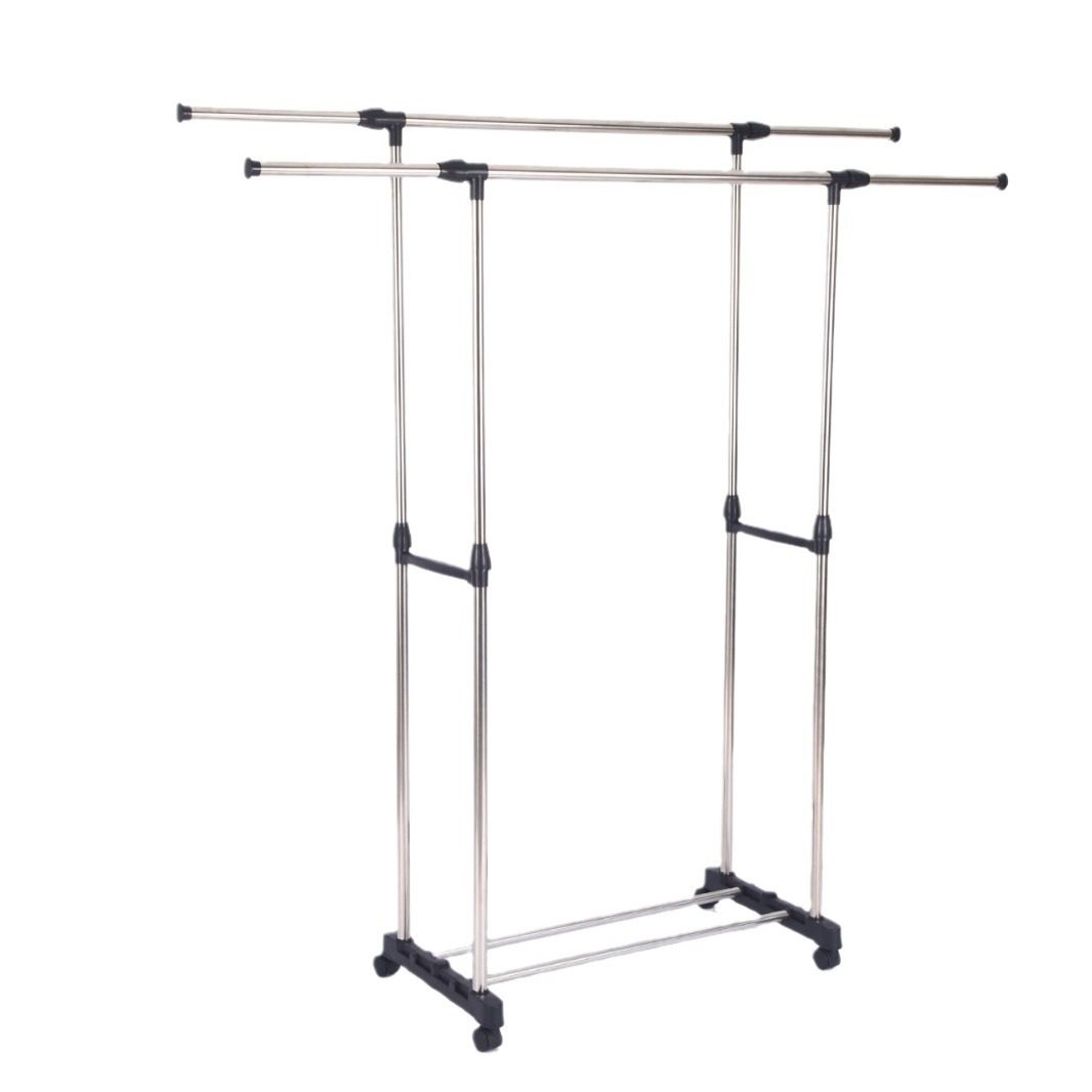 Stainless Steel Double-Pole Adjustable Floor-Standing Clothes Drying Rack, Telescopic Clothes Rack, Mobile Storage Rack, Double-Pole Clothes Drying Rack