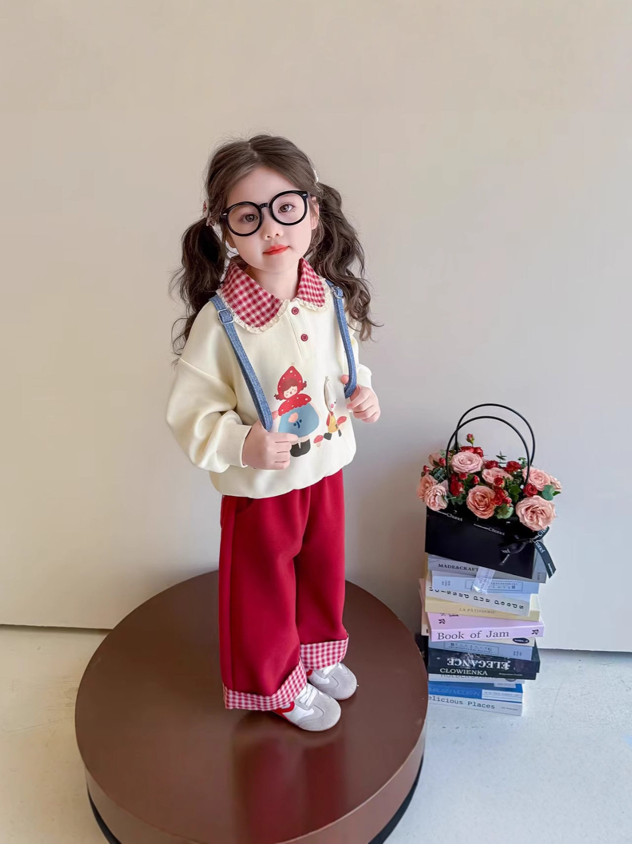 Girls' Hoodie Set, New Autumn Collection, Toddler Fall Mushroom & Bunny Print, Red Stylish Plaid Patchwork Color-Block Outfit