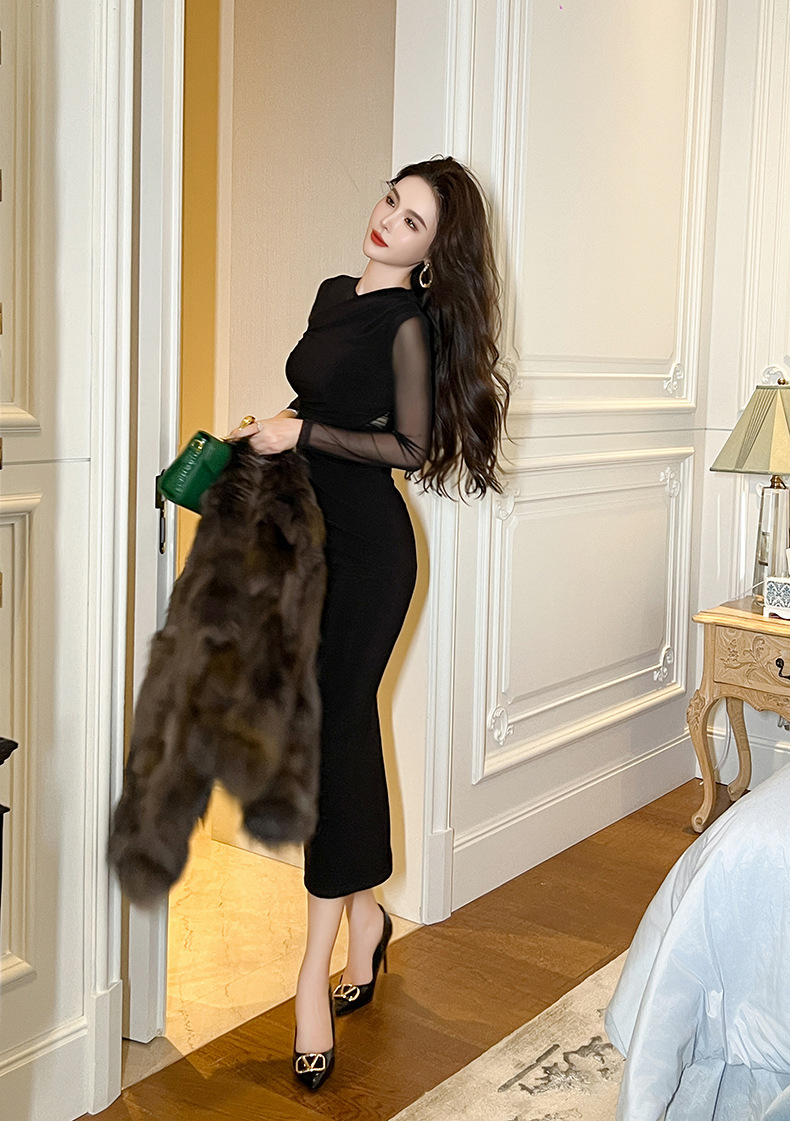 Đầm body nữ dài tay phối lưới gợi cảm dáng ôm tôn eo — Màu đen, Màu tím mâm xôi