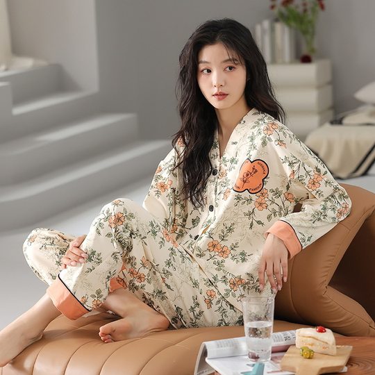 【7A抑菌】纯棉睡衣女春秋长袖新款V领和服可外穿全棉家居服套装