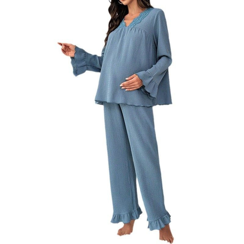 V-Neck Lace Trim Loose Maternity Pajamas Women's Suit Spring & Fall New European and American Bell-Sleeved Pants Home Wear