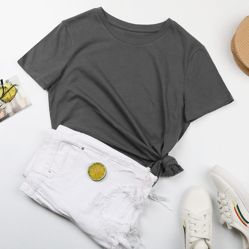 Womens Basic Round Neck Short Sleeve T Shirt 100 Cotton Solid Color Summer Style Wholesale Available