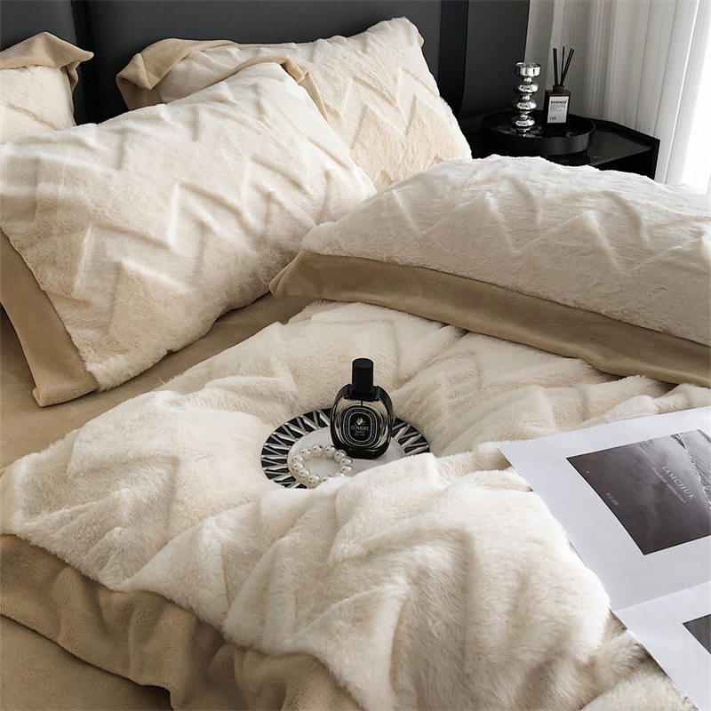 Winter Class A high-weight rabbit plush padded warm milk velvet four-piece double-sided velvet bed sheet quilt cover bed with P