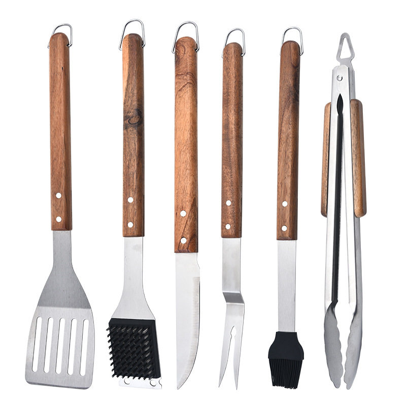 Stainless steel barbecue tools suit outdoor portable barbecue clip Brush Fork shovel BBQ Barbecue combination 6-piece set Wholesale