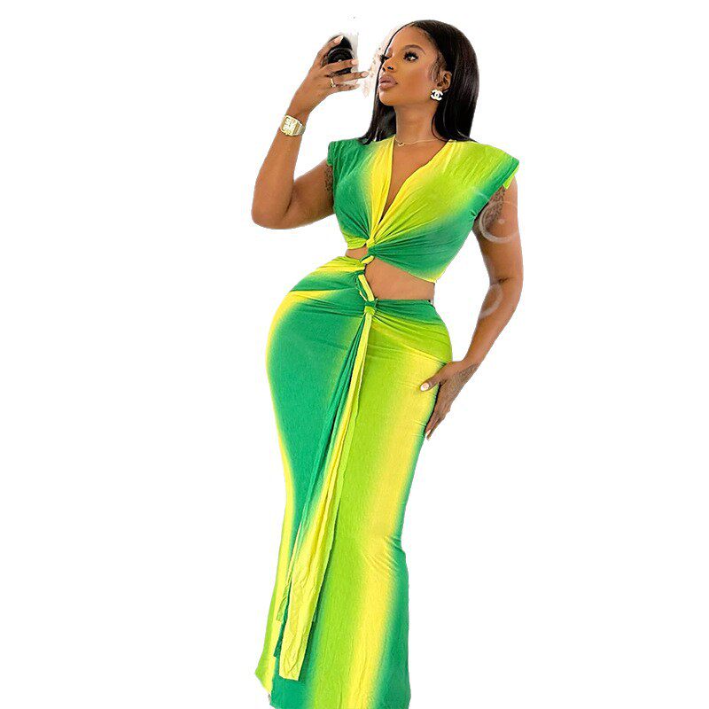 Color Block Hollow Out Bodycon Dress Gradient V Neck Long Sleeve Trendy Style Perfect for Streetwear or Casual Events