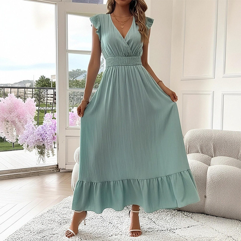 Summer Womens Dress Elegant Solid Color Waist Defined Pleated Design Casual or Formal Occasions Wholesale Available