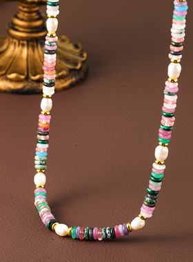 复古彩色多巴胺项链天然石算盘珠串珠级感淡水珍珠锁骨链颈链女