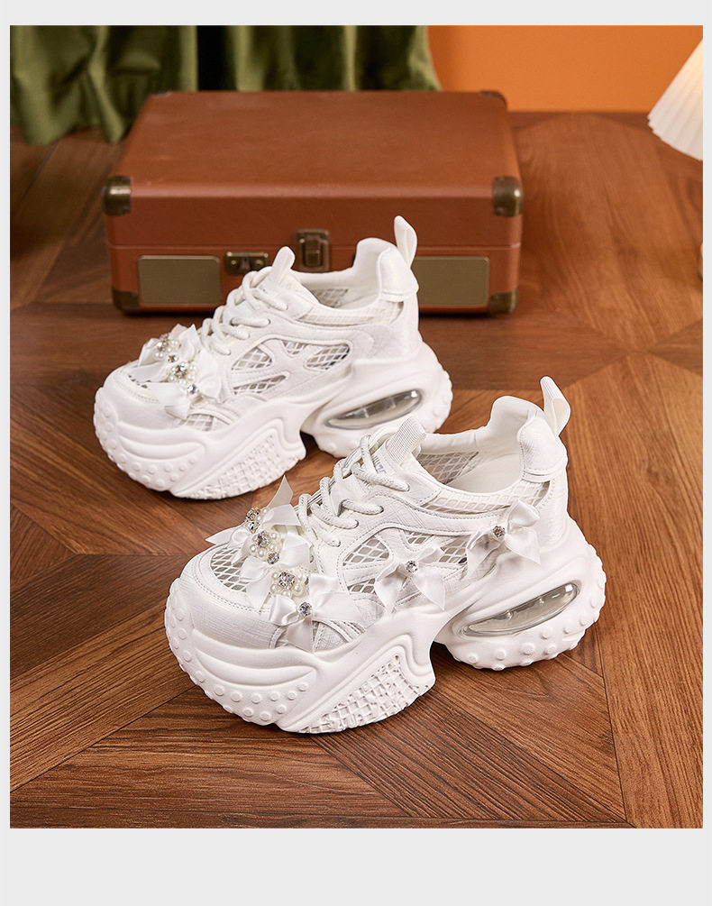 Giày cao gót nữ đế xuồng platform lưới thoáng khí, gót siêu cao 8cm, mũi tròn, dây buộc — Bạc, Trắng chi tiết 18