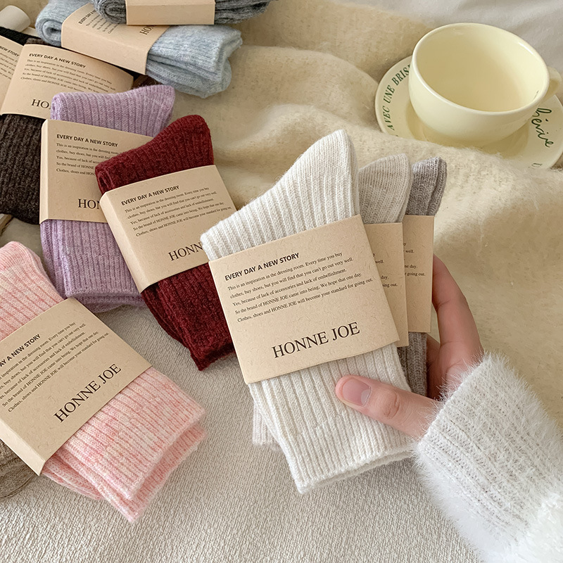 羊毛袜子女秋冬月子袜加厚保暖居家地板冬天日系简约羊绒堆堆长袜