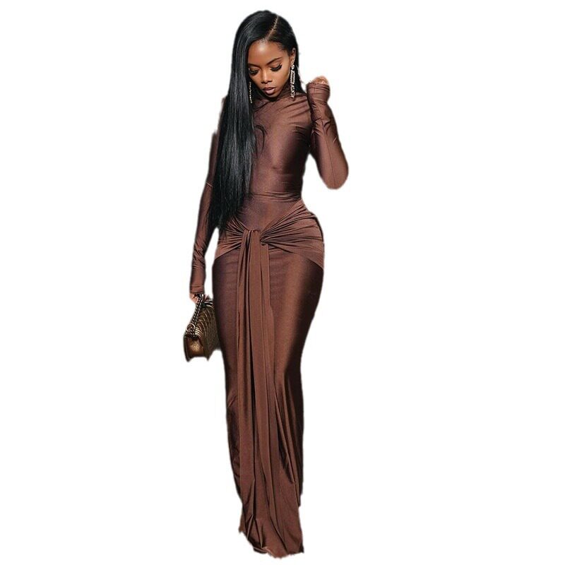 Solid Color Midi Dress Round Neck Long Sleeve Casual Style Streetwear Essential for Trendy Outfits Wholesale
