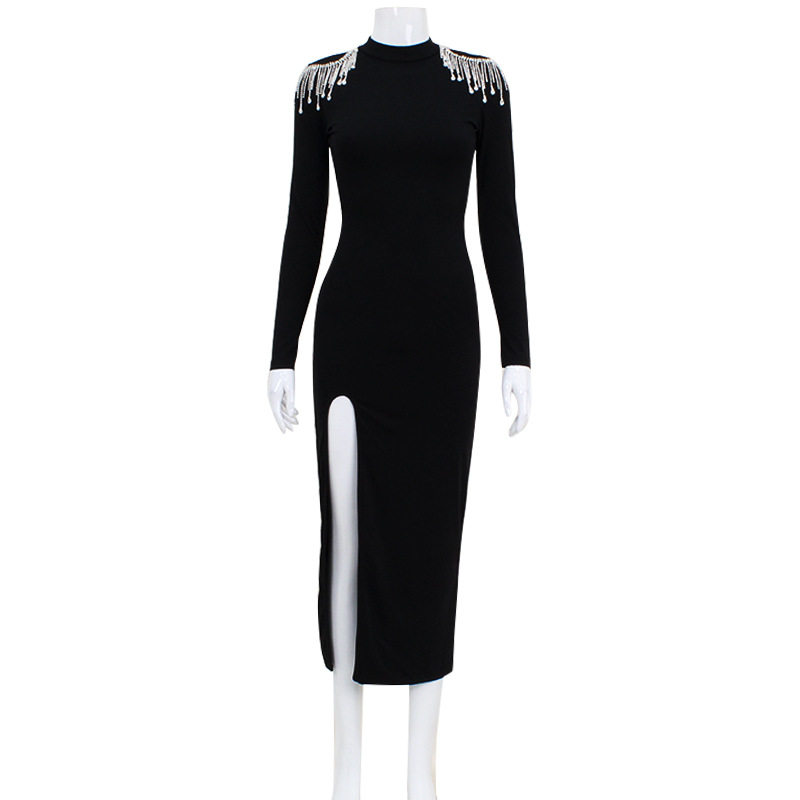 Elegant High Split Long Sleeve Dress Solid Color High Waist Rhinestone Details Perfect for Evening Events Wholesale