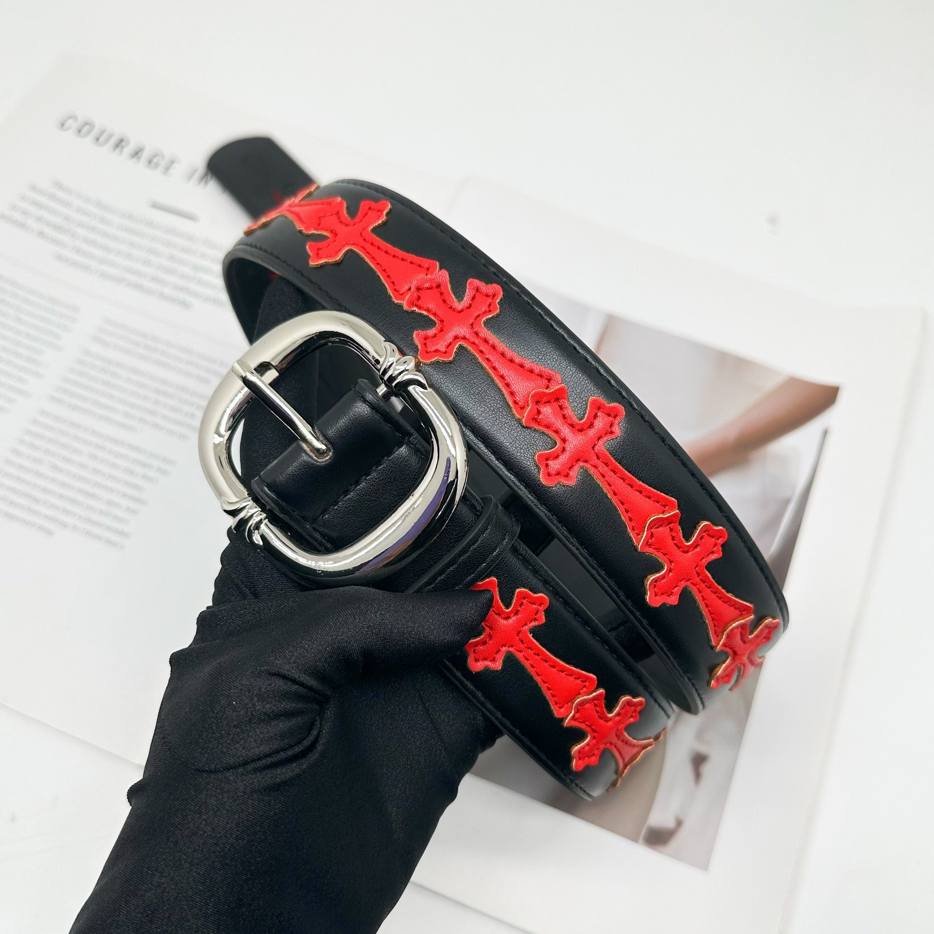 A new white Crewe belt for a young man and a young man with a retrospect of saffron.