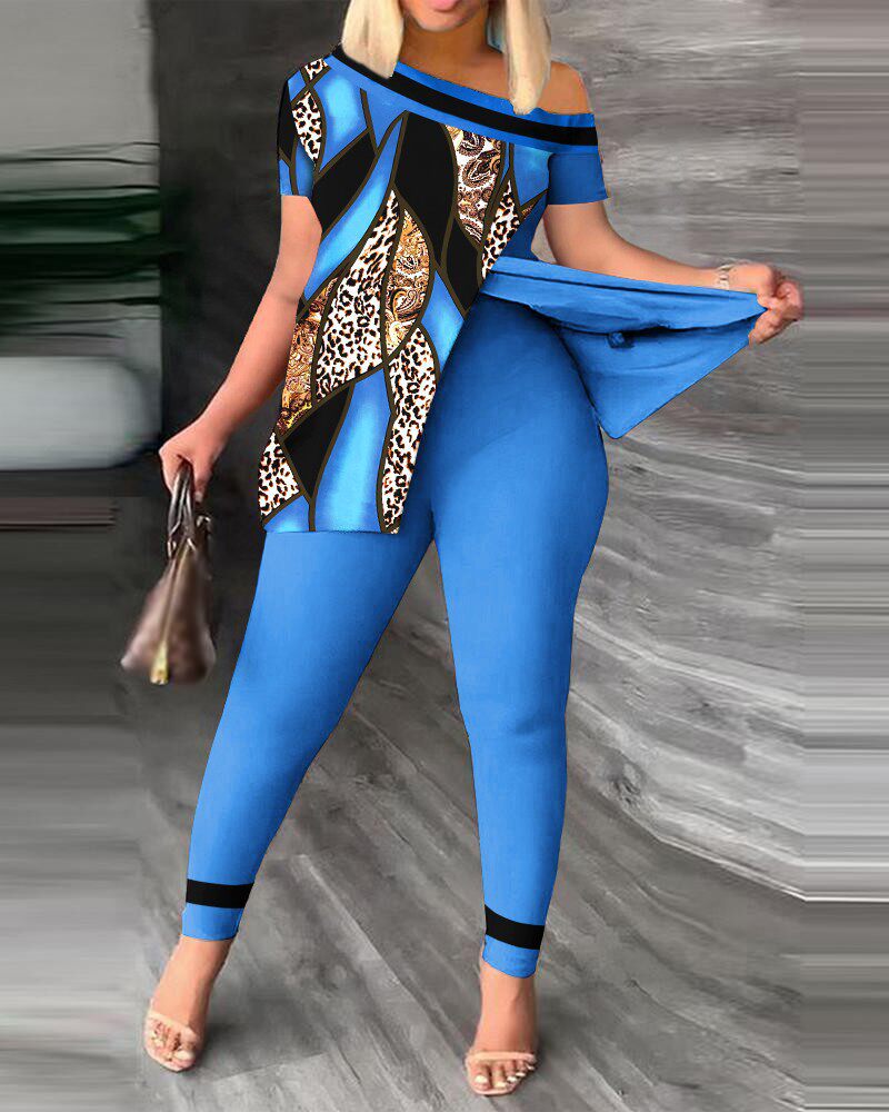 2024秋季欧美跨境女装亚马逊速卖通斜领长裤两件套时尚印花套装女