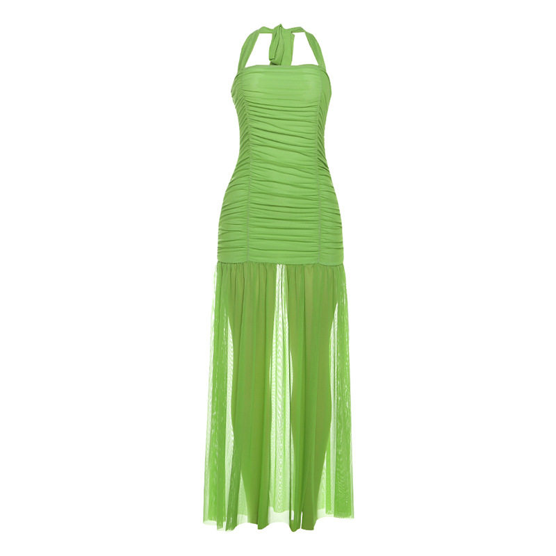 Womens Fashion Backless Ruched Layered Dress Stylish Halter Neck Slim Fit Elegant Design Perfect for Autumn Events