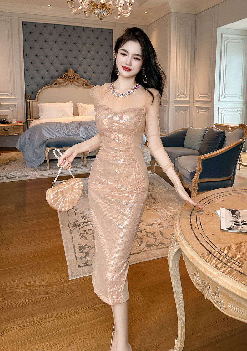 Đầm dạ hội vàng sang trọng dài tay đính đá phối lưới sequin tôn dáng — Màu vàng sương mù