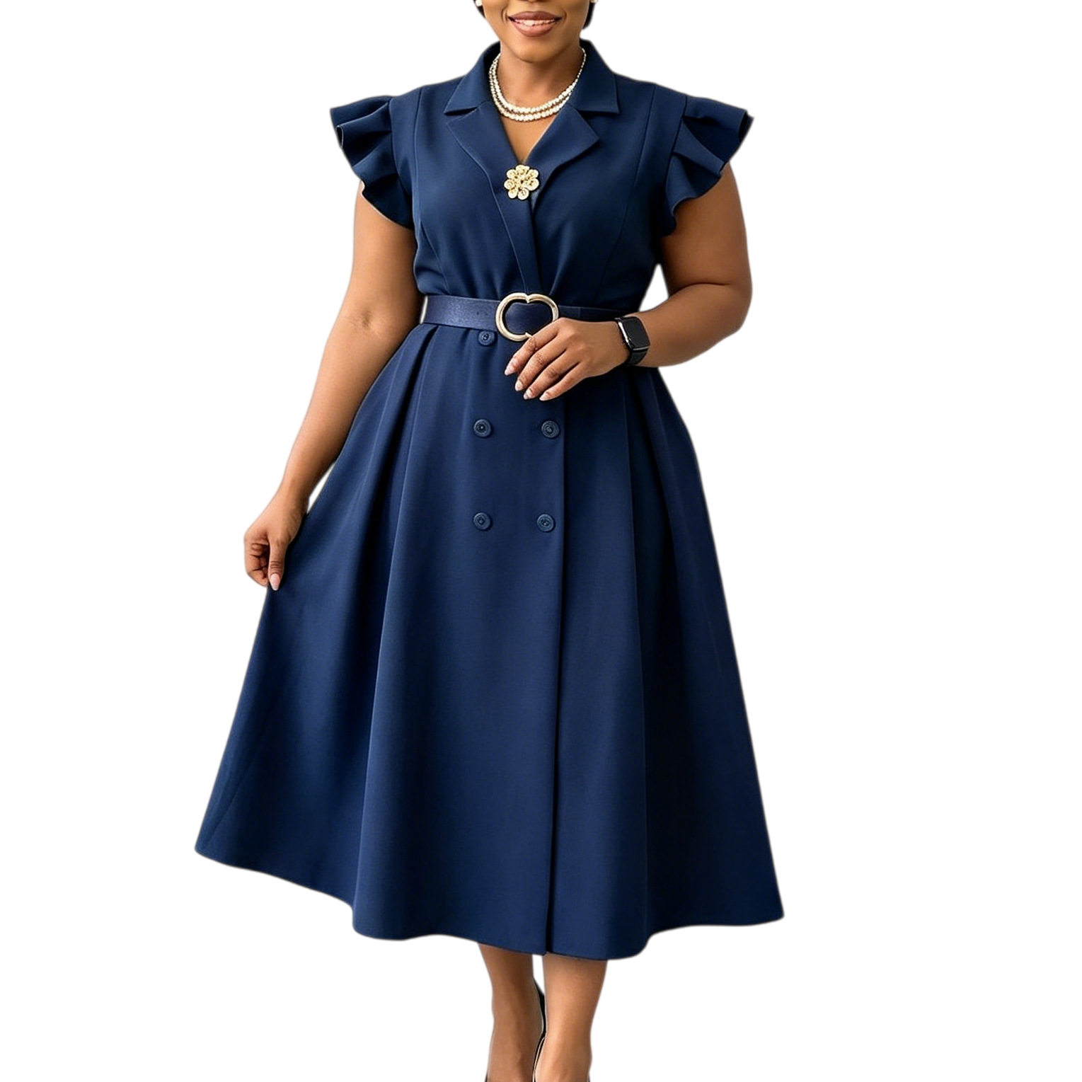 Elegant Double Breasted African Print Dress Mid Length Suit Collar Summer Style Wholesale Available