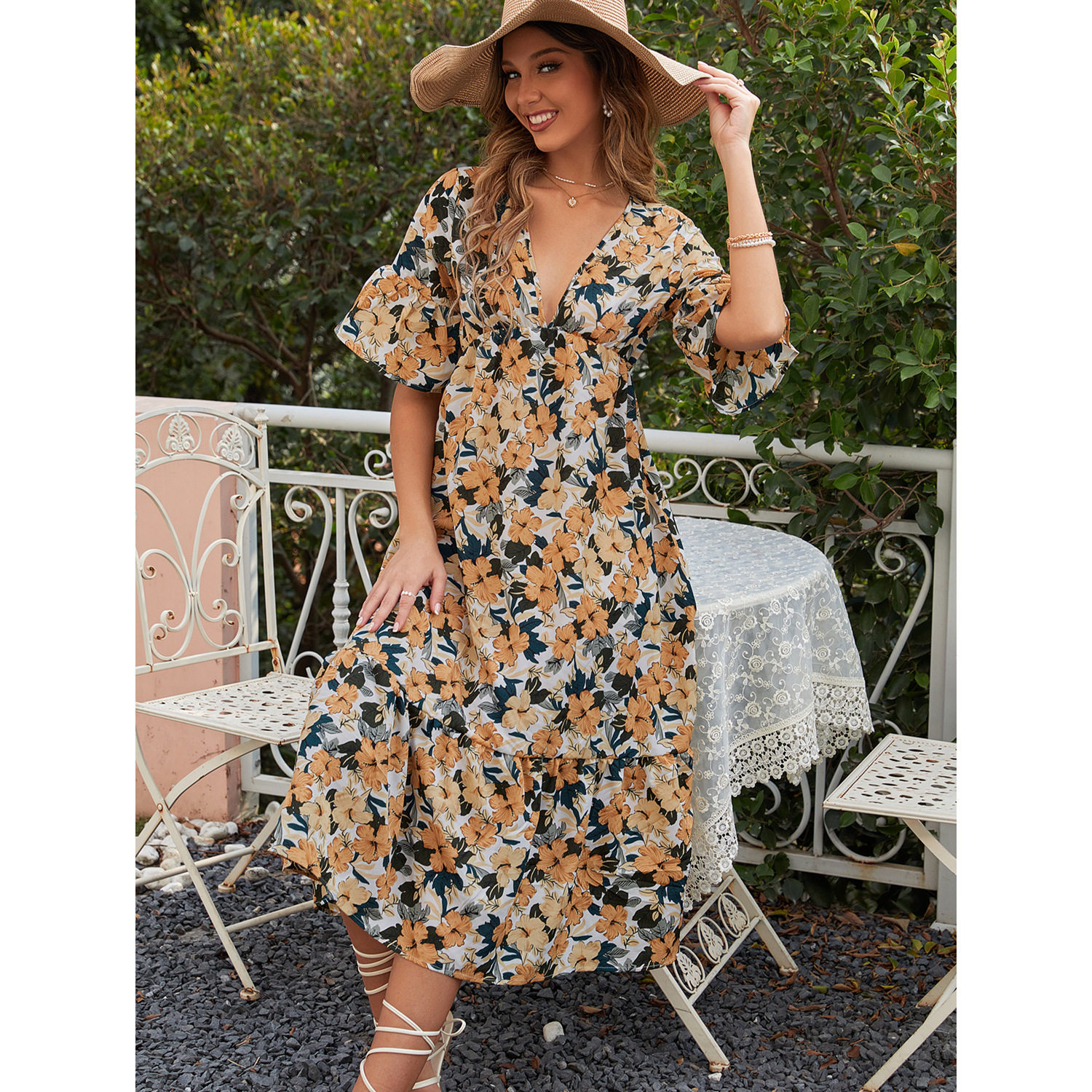 Floral Print V Neck Dress Casual Slim Fit Waist Defining Perfect for Spring Summer Outings Wholesale Available