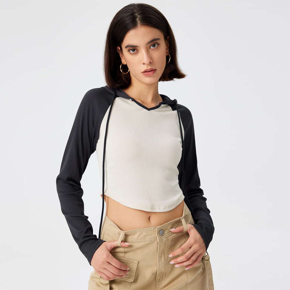 Womens Color Block Hooded Long Sleeve T Shirt Slim Fit Irregular Hem Spring Summer Style Wholesale Available