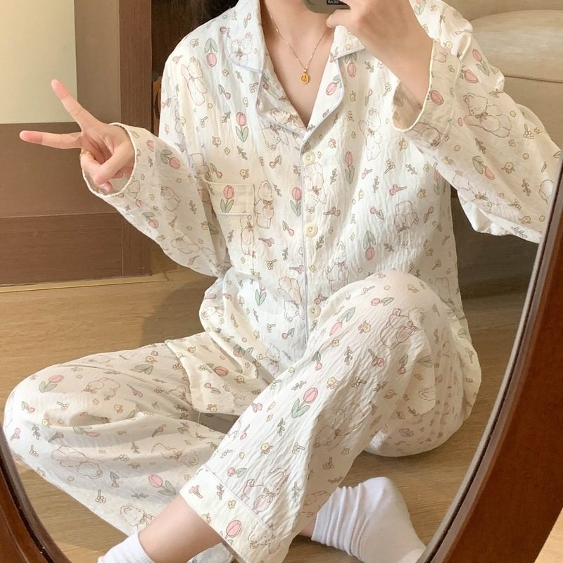 带胸垫大码睡衣女春秋季长袖甜美少女草莓条纹家居服套装现货跨境