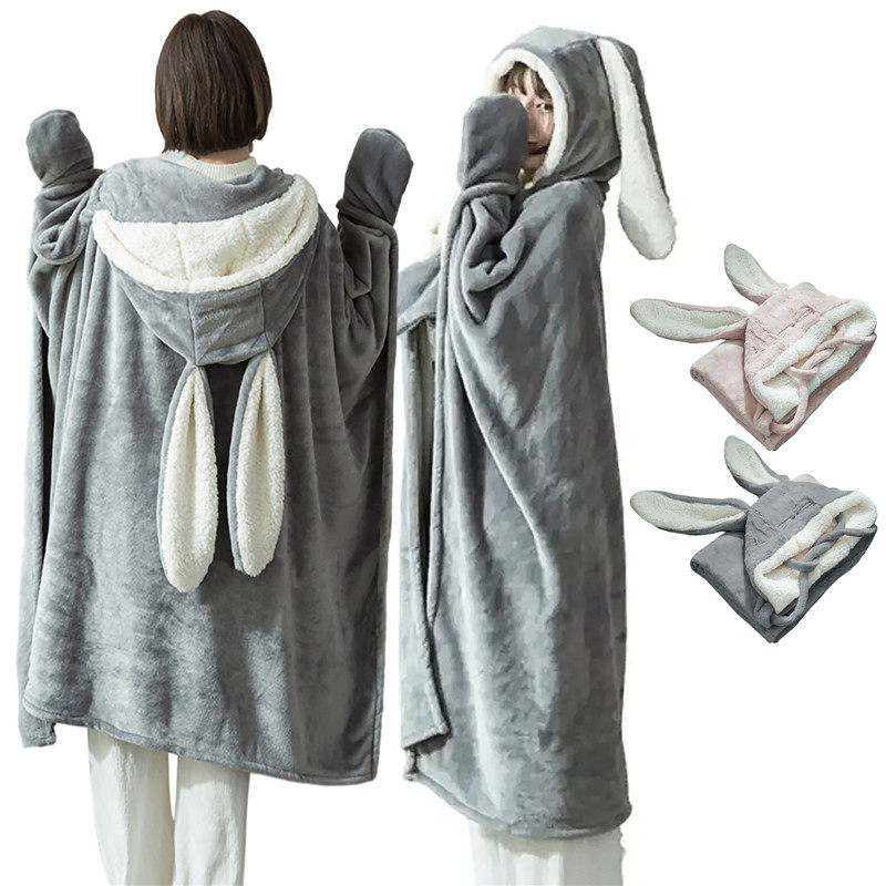 Amazon Shawl Blanket Wearable Cloak Blanket with Hooded Cute Rabbit Ear Bed Blanket Winter Adult Warm Blanket