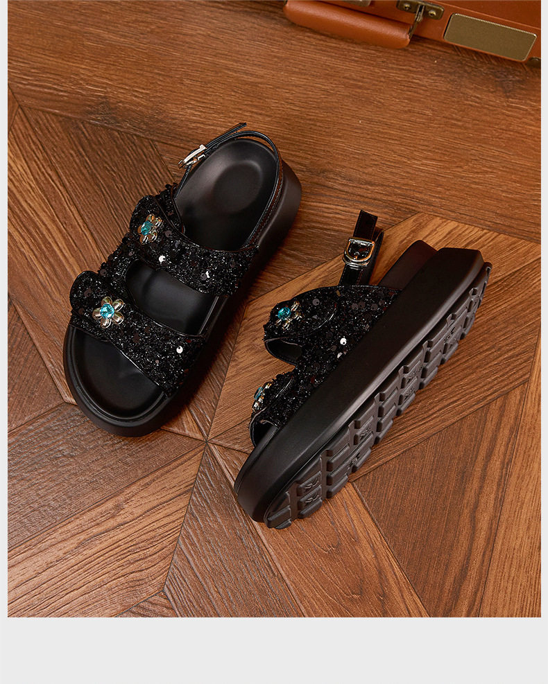 Sandal nữ quai chữ V đế dày chống trượt phong cách thành thị — Đen, Bạc chi tiết 18