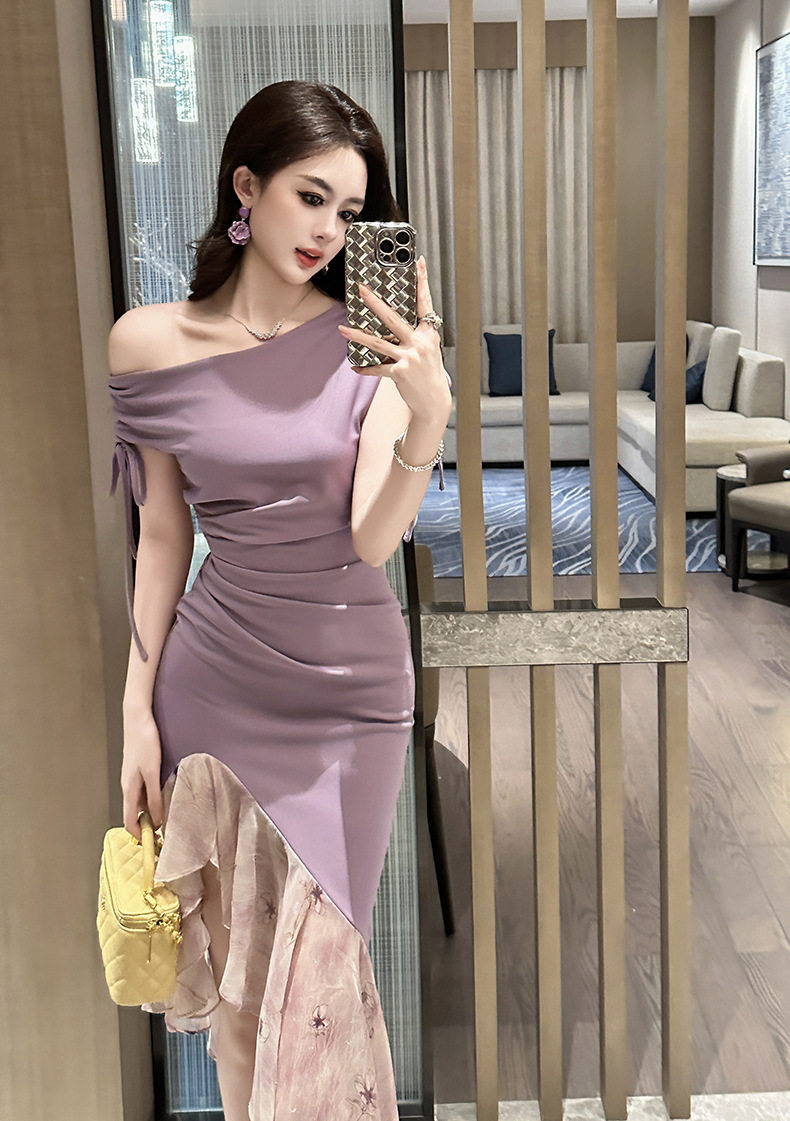 Đầm ôm body nữ dáng đuôi cá tay ngắn cổ yếm họa tiết hoa nhí — [Tím] chi tiết 7