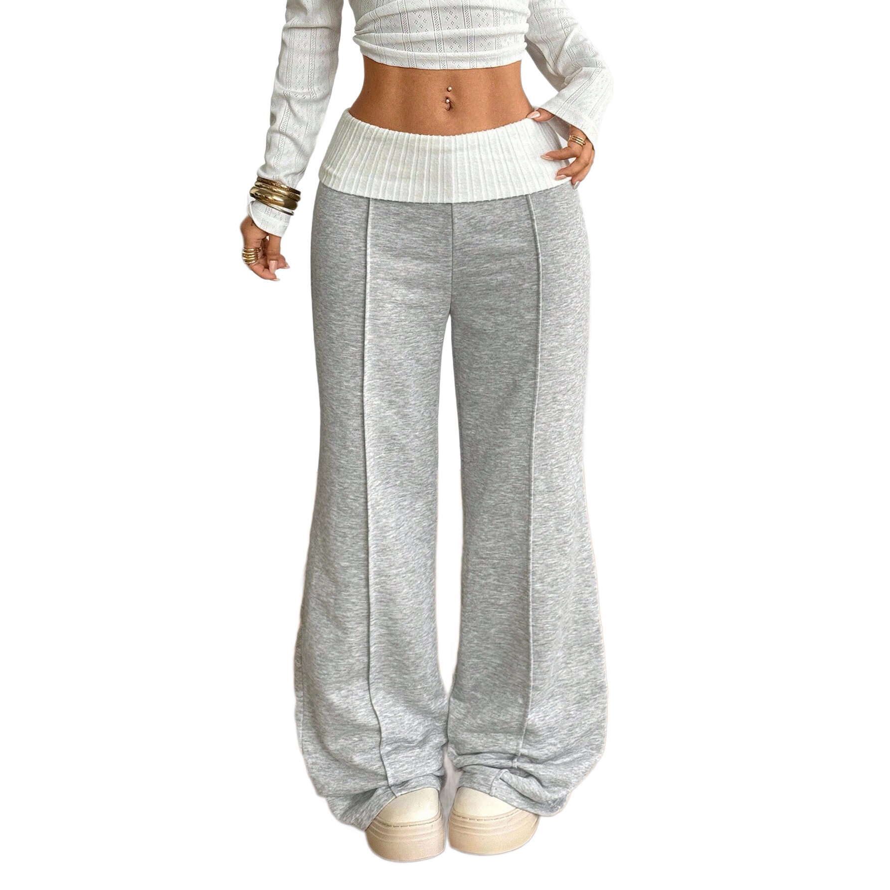 Womens Vintage Style Wide Leg Sweatpants Gray Floral Print High Waist Loose Fit Casual Autumn Winter Wear