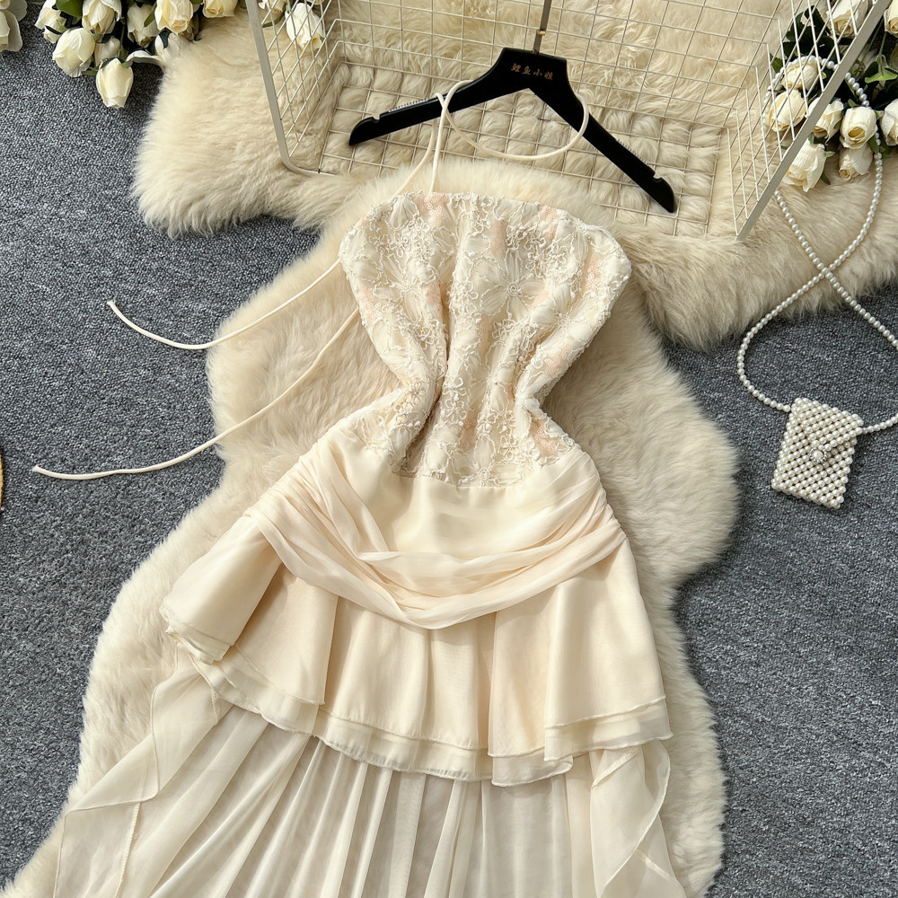 French Chic Two Piece Set Luxurious Lace Tulle Skirt Irregular Hem Waist Cinching Design Summer Fashion for Elegant