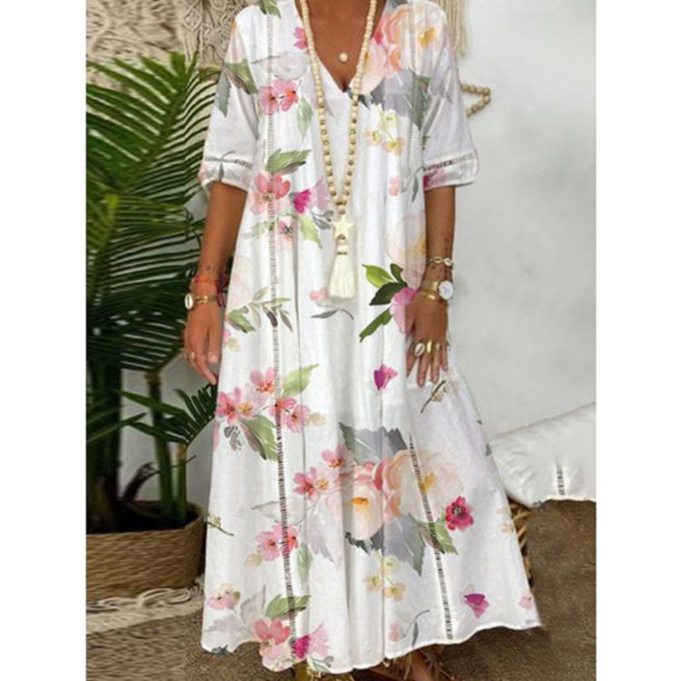 Summer Womens Long Dress Floral Print Lace Trim Elegant Style Perfect for Casual Outings Wholesale Available