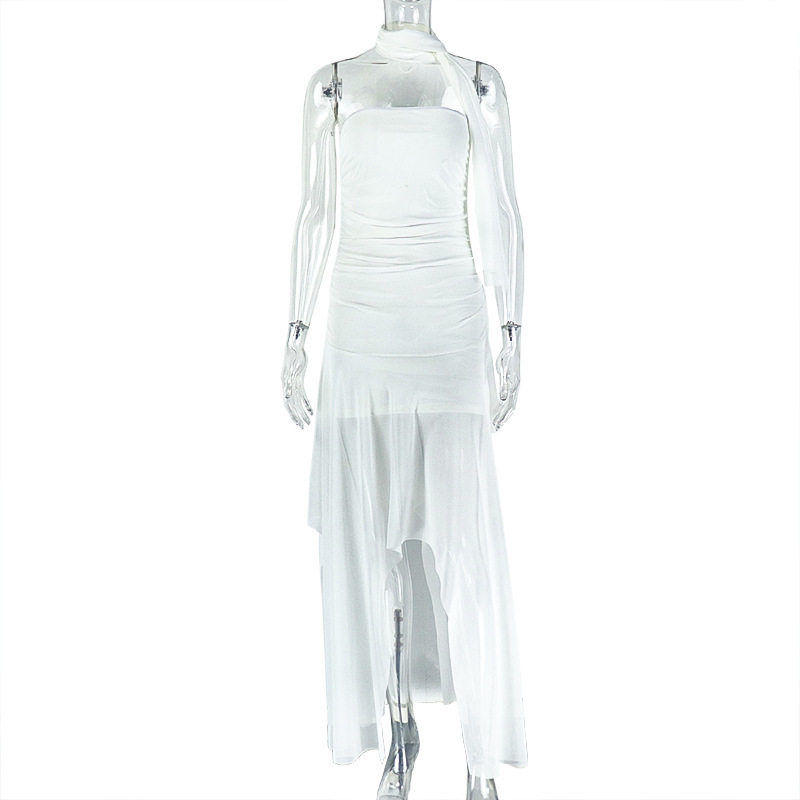 Womens Sheer Mesh Bodycon Dress Off Shoulder Irregular Hem Solid Color Backless Evening Party Wear Wholesale