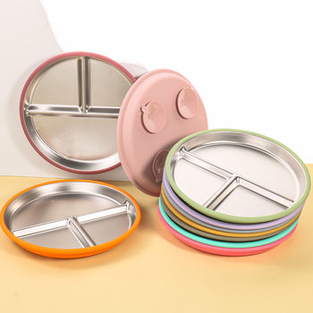 Amazon Silicone Platinum Suction Cup Stainless Steel 304 Dinner Plate Set Kidsren's Feeding Silicone Tableware Set