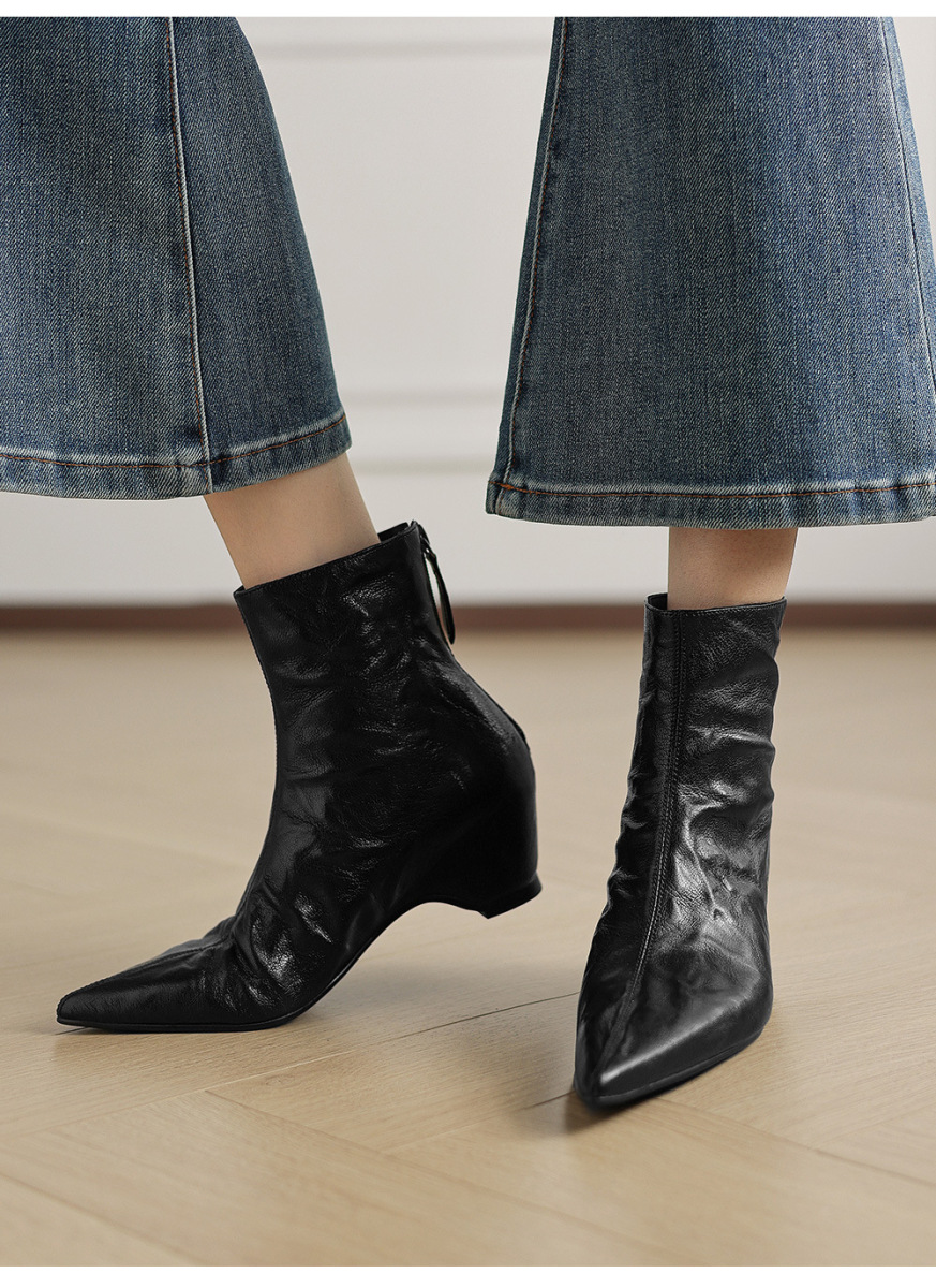 Boot nữ cổ thấp mũi nhọn da cừu thật gót vừa khóa kéo sau — Lớp lót đơn màu đen, Lớp lót đơn màu nâu, Lót nhung đen, Lót nhung màu nâu