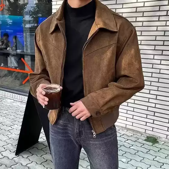 Source Manufacturer's High-End American Retro Brown Suede Jacket Men's Spring and Autumn Short Flight Jacket