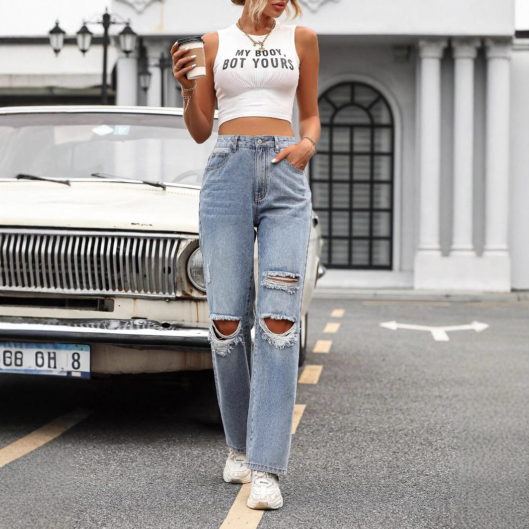 High Waisted Wide Leg Distressed Jeans Loose Fit Trendy Style Casual Wear Wholesale Available