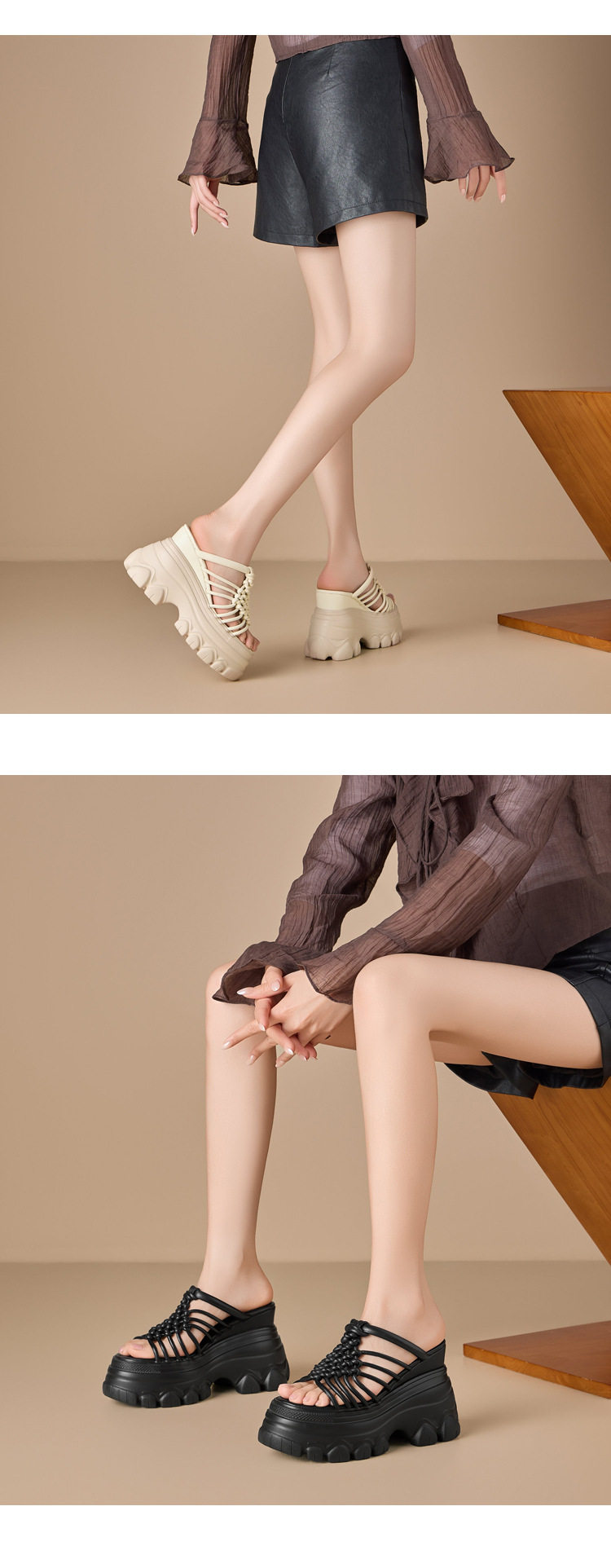 Dép sandal nữ xỏ ngón đế bệt, quai dệt đan, phong cách Hàn Quốc, đi biển dạo phố — [Trắng kem], [Đen], [Hồng] chi tiết 5