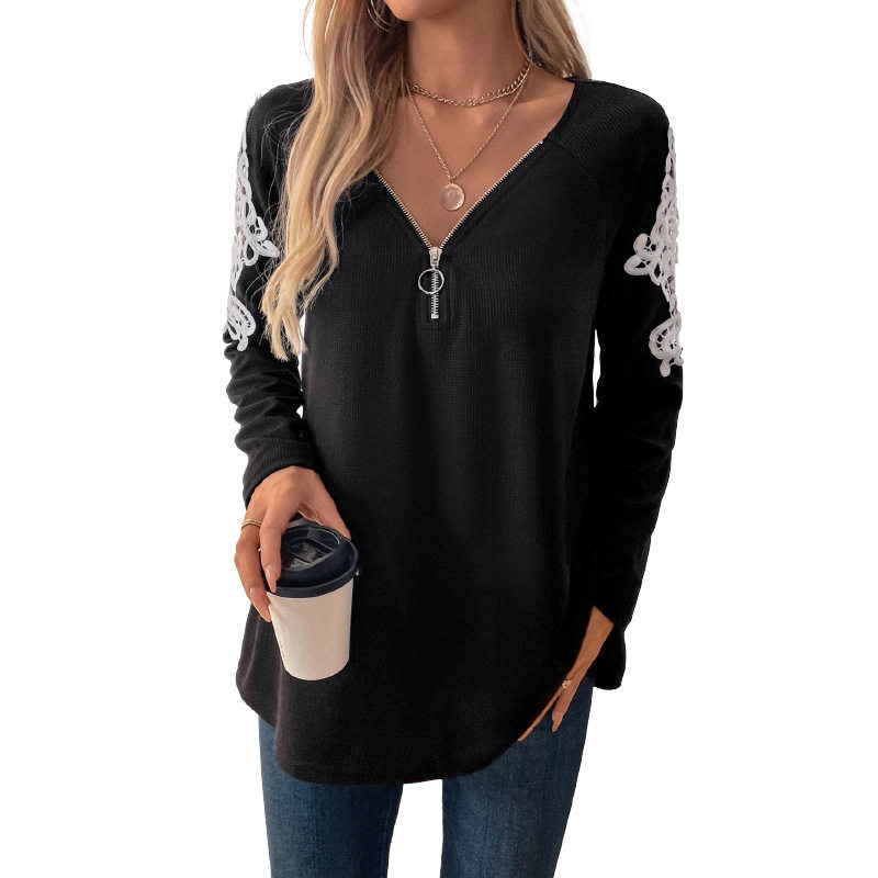 Casual Black T Shirt Embroidered Long Sleeve Drop Shoulder Autumn Wear Wholesale Available