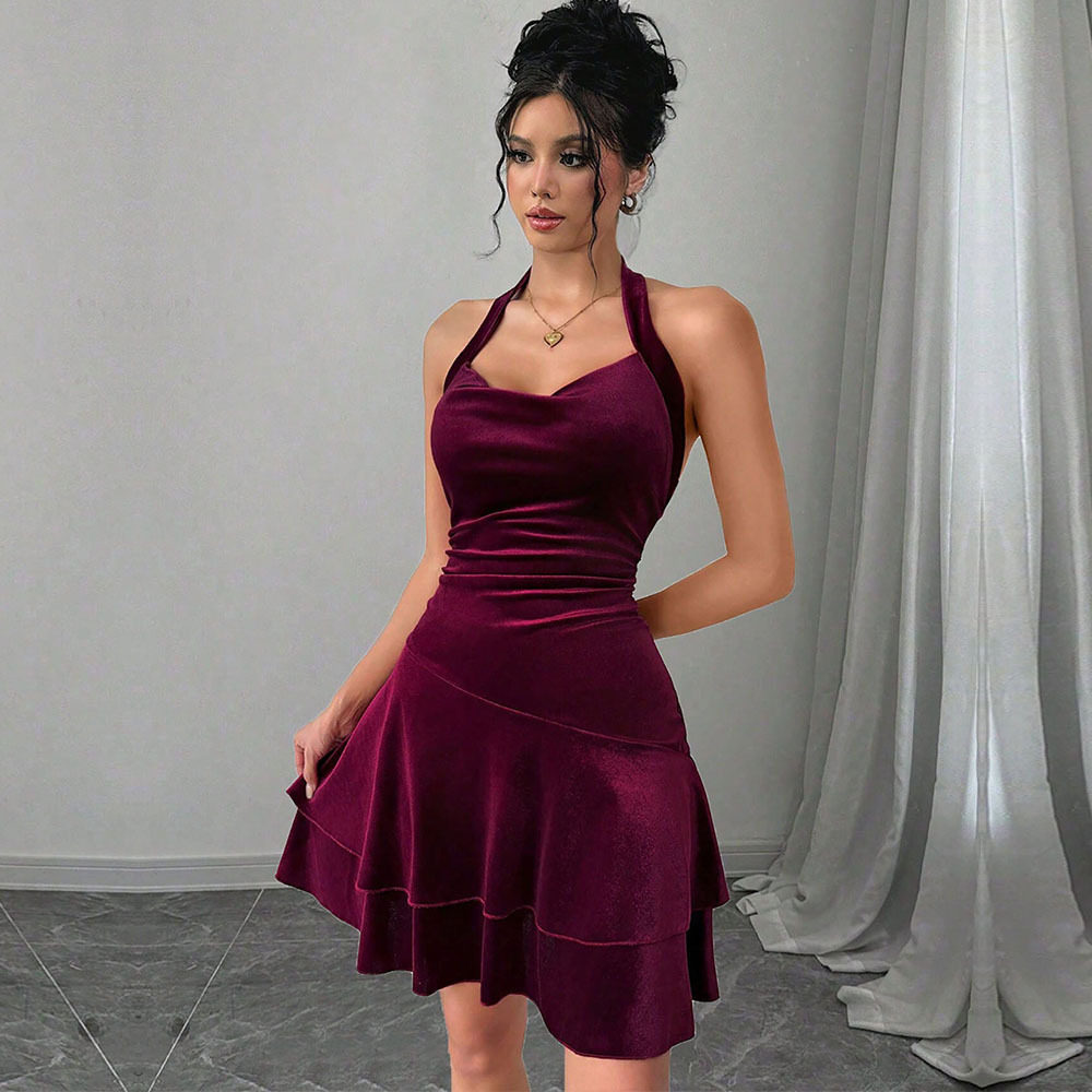 Velvet Halter Mini Dress Sexy Elegant Comfortable Spring Summer Party Wear Wholesale Available