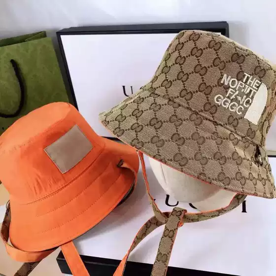 Cross-Border Trendy Fisherman Hat with Embroidered g Letter, Reversible, Full Print Logo Jacquard Pattern, Drawstring Bucket Hat Wholesale