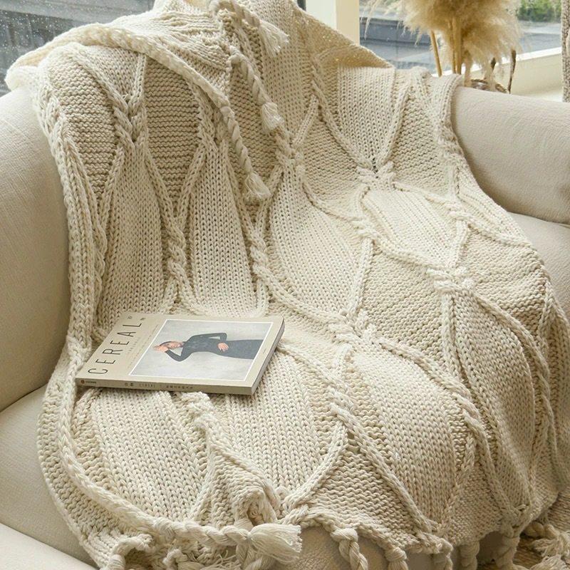 Niche Hand-Knitted Thick Woolen Thread Nordic Tassel Ins Blanket Bedroom Blanket Sofa Blanket