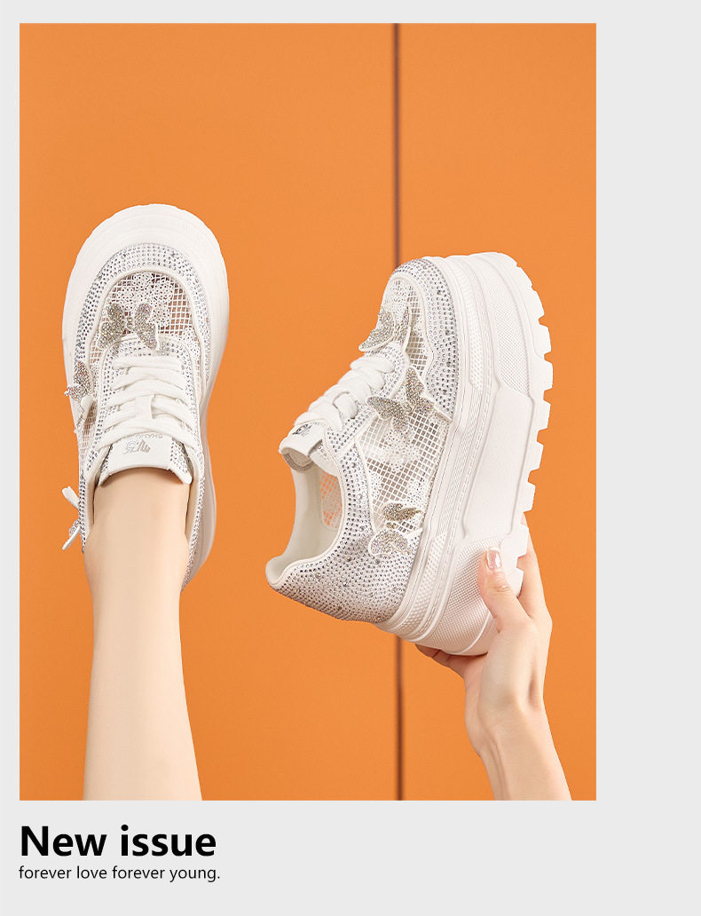 Giày sneaker nữ chunky đế dày trắng phối dây buộc, form thể thao — Trắng, Bạc chi tiết 12