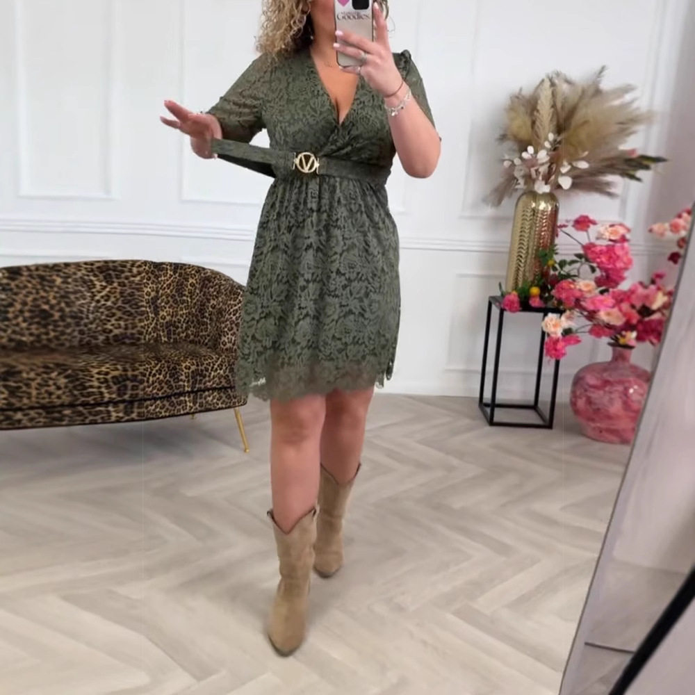 Fashionable Womens Midi Dress Short Sleeve V Neck Belted Lace Petal Design Perfect for Casual and Semi Formal