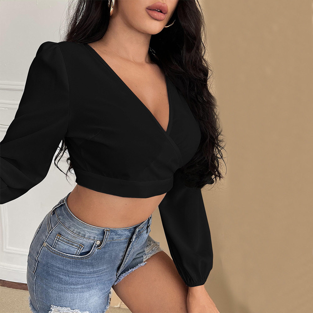 V Neck Long Sleeve T Shirt Sexy Backless Design Versatile Short Style Autumn Winter Womens Fashion Wholesale