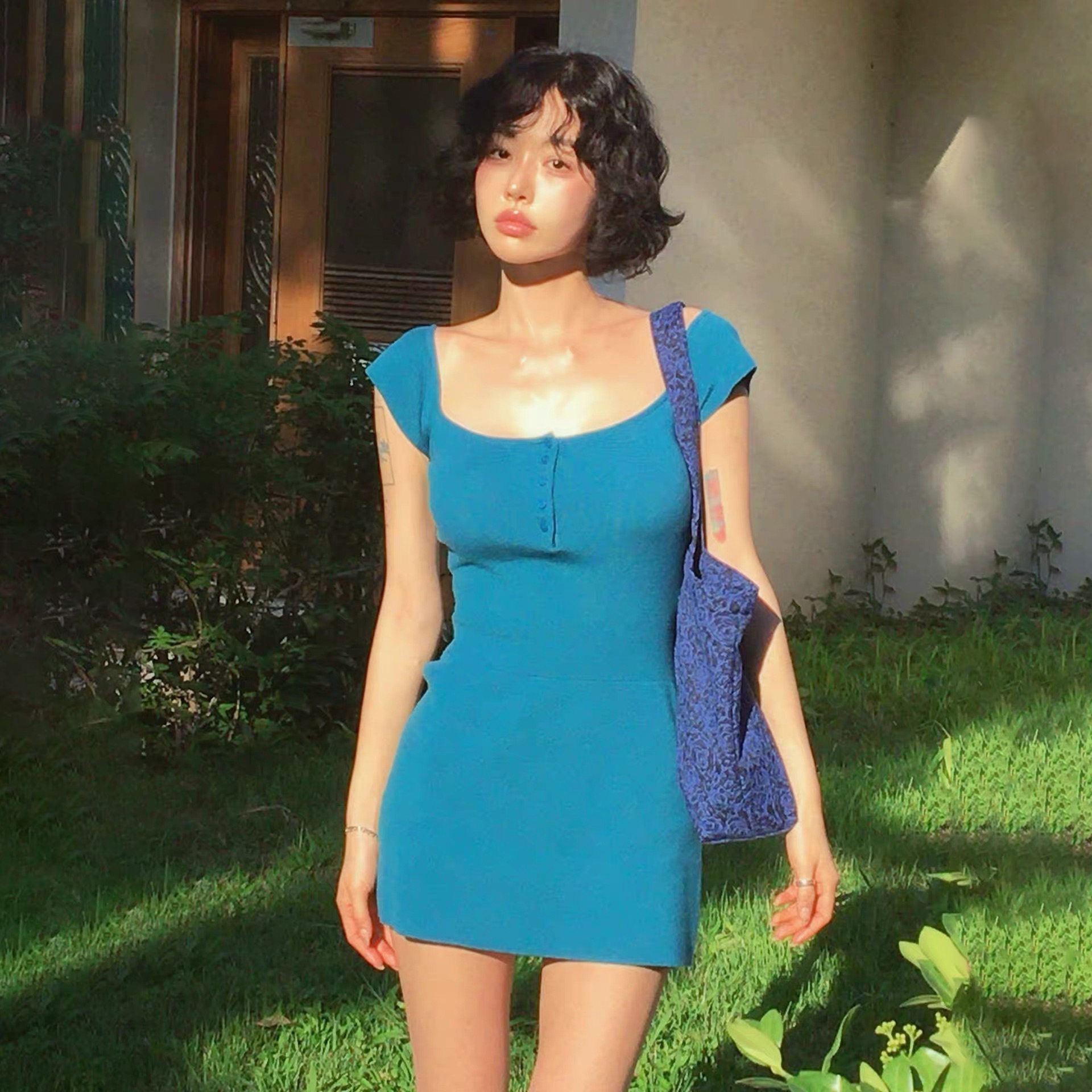 Summer Womens Knit Dress Sexy Square Neck Slim Fit Korean Style Perfect for Parties or Casual Outings OEM Available